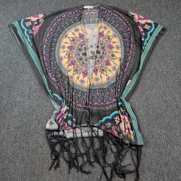 Woven Heart Boho Mandala Fringe Kimono Wrap XL Black Pink Festival Cardigan — photo 2